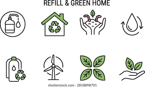Collection of outlined environmental icons with green accents showing refill containers, recycled home, compost hands, water conservation, reusable bottle, wind turbine, leaves, and plant care. Clean illustrations on a white background suitable for sustainability, recycling, environmental education, and eco lifestyle communication.