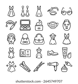A collection of outlined fashion and beauty icons including dresses, accessories, makeup, personal care, and styling tools on a white background.