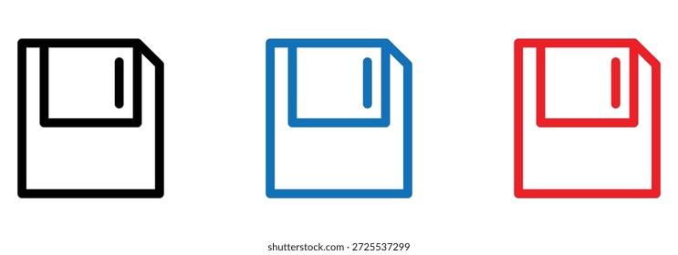 Una colección Guardar de iconos de disquete delineados que representan la función en tres colores distintos