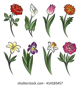 Collection of outlined flowers. Calla, rose, tulip, lily, peony, narcissus, iris and daisy In sketch hand drawn style. Vector illustration