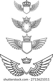 Colección de escudos heráldicos perfilados, coronas aladas y emblemas elegantes. Perfecto para crear logotipos, insignias y crestas distinguidos, que simbolizan la protección, la Regalías y el logro en proyectos de diseño.
