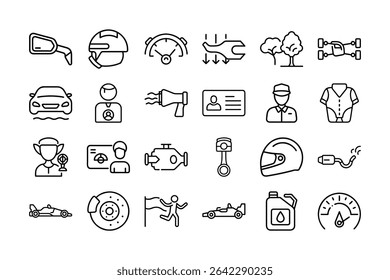 A collection of outlined icons related to racing, automotive, and motorsports, displayed in a organized grid format.