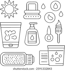 A collection of outlined icons representing skincare and beauty products, including lotion bottles, sun, and applicators.
