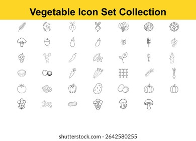 A collection of outlined icons representing various vegetables, fruits, plants, and nuts, suitable for use in culinary or agricultural designs.