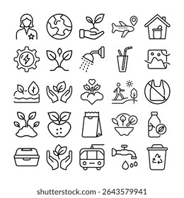 A collection of outlined icons representing various environmental and sustainability themes, including renewable energy, recycling, and eco-friendly practices, presented in a clean style.