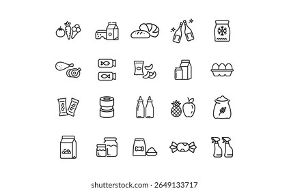A collection of outlined icons representing various food items and household products.