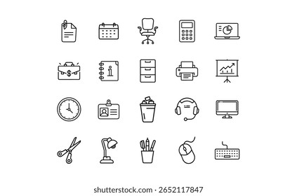 Uma coleção de ícones de escritório destacados, incluindo um calendário, cadeira, calculadora, laptop, pasta, notebook, gavetas, impressora, gráfico, relógio, ID, lata de lixo, fones de ouvido, monitor, tesoura, lâmpada, caneta ho.