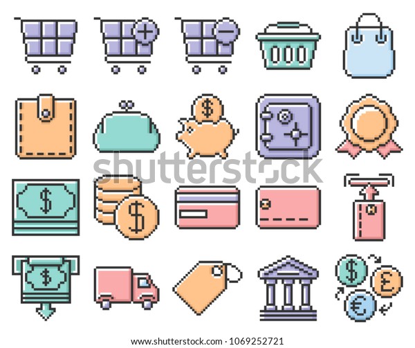 Collection\
of outlined pixel icons: Finance and\
banking