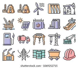 Collection of outlined pixel icons: Industries, construction and energy production