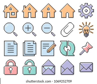 Collection of outlined pixel icons: User interface. Set #1