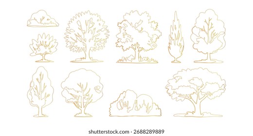 Una colección de árboles perfilados con gradiente otoñal. Variedad de ilustraciones botánicas. Arte de línea de árbol. Dibujos de árbol. Tres bocetos.