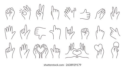 Collection of outlined vector hand gestures showing different expressions and symbols, perfect for visual storytelling, emotional concepts, modern communication, and digital graphic design uses
