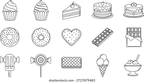 Uma coleção de ícones vetoriais delineados com várias sobremesas doces e itens de confeitaria, como bolinhos, rosquinhas, bolos, chocolate, sorvete e doces.