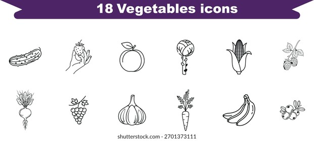 a collection of outlined vegetable and fruit icons, including cucumber, strawberry, and banana.