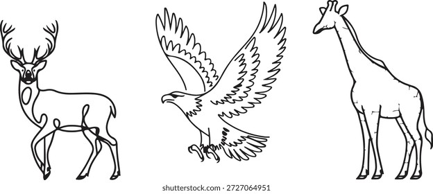 Collection of outlined wild animals, continuous line drawing vector set