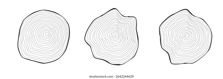 Collection of outlined wooden cuts on white with wavy, concentric tree rings. Tree trunk cross-sections. Organic ripple circles. Hardwood stump. Vector illustration