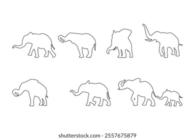 Collection of outlines of Elephants, Animal Icons, Wild Life, Forest Animals. silhouette of a baby elephant. World Elephant Day.