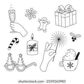 Collection of outlines, lines, icons. Candle, present, eyepieces. Hand holding a champagne glass. Black and white line illustrations