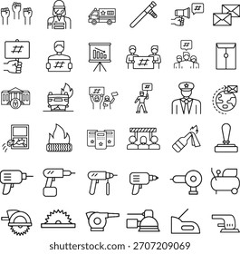 Colección de iconos de estilo de contorno que representan símbolos de protesta, herramientas y Elementos del activismo social y la disidencia.