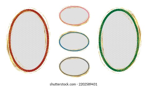 Collection of oval geometric forms for Christmas card decoration or sublimation. Creative holiday gift tags in red, green, pink and blue. Invitation for winter festive element.