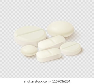Collection of oval, round and capsule shaped tablets. Medicine and drugs. Realistic medical pills isolated on white background. Vector illustration.