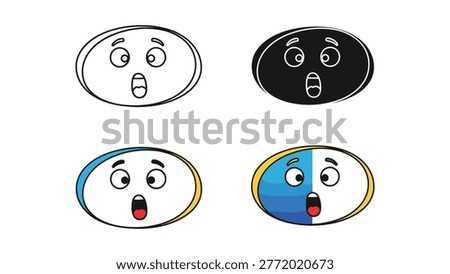 A collection of oval-shaped cartoon faces expressing surprise with exaggerated wide eyes and open mouths. Ideal for conveying shock, amazement, or astonishment in digital communication and marketing, flat design.