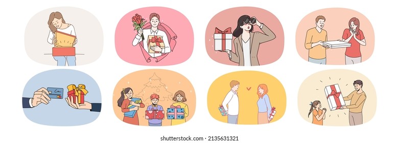 Collection of overjoyed man and woman feel excited with present surprise. Set of diverse people get gift on birthday or anniversary. Concept of greeting and celebration. Flat vector illustration. 