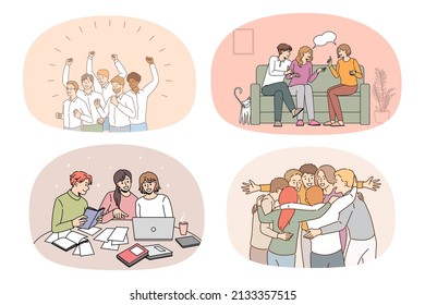 Collection of overjoyed millennial students have fun relax together. Set of smiling young people friends communicate enjoy leisure time study or learn on computer. Vector illustration. 