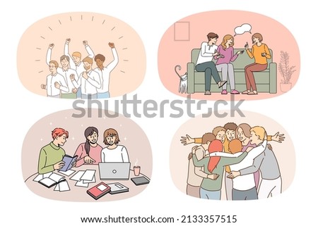 Collection of overjoyed millennial students have fun relax together. Set of smiling young people friends communicate enjoy leisure time study or learn on computer. Vector illustration. 