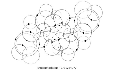 Una colección de círculos negros superpuestos y círculos discontinuos con puntos negros sobre un fondo blanco. Formato de Vector escalable apto para medios impresos y digitales.