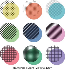Uma coleção de elementos circulares sobrepostos em um design colorido e bonito Memphis
