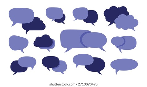 Colección de burbujas de discurso superpuestas en tonos de púrpura y azul, perfectas para representar la comunicación y el diálogo modernos.
