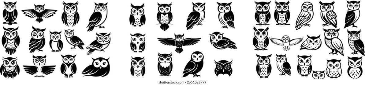Coleção de gráficos de silhueta de coruja com diferentes posas e alas espalhadas em preto e branco Vetor Designs