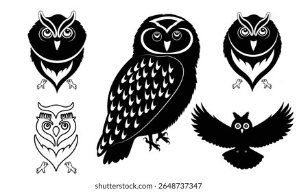 Collection of owl silhouettes in various poses including perched, flying, and sitting. Bold black shapes on a white background, perfect for wildlife designs, logos, Halloween themes.