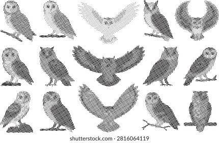 Collection of owl vector shapes featuring halftone dot patterns, sitting and flying raptors, vintage bird graphic elements.