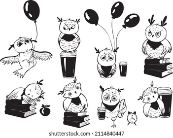 collection of owls vector hand drawing. owl, air balloons, books, coffee, alarm clock, pillow vector sketch. hand drawing. eps art vector