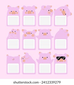 collection pack of cute expression pig and piglet character notes and memo