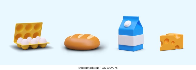 Collection with pack of eggs, round bread, tetra pack with milk and slice of cheese. Healthy food. Bread making concept. Vector illustration in 3d style