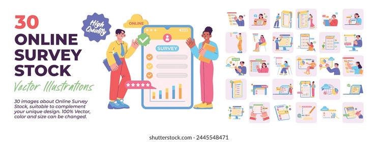 Collection pack of online survey, voting, election, questionnaire, equipment stock, online form voting concept illustrations. Set of illustration people doing survey, rating, and data annalysis. Vecto