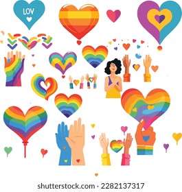 Collection Pack Set of Rainbow Multicolor LGBTQ Stickers in Kawaii Cute Retro Hand Drawn Doodling Girly Style. Homosexuality Rights Pride Month Parade Decoration Tattoo. Peace Love Free Spirited Sign