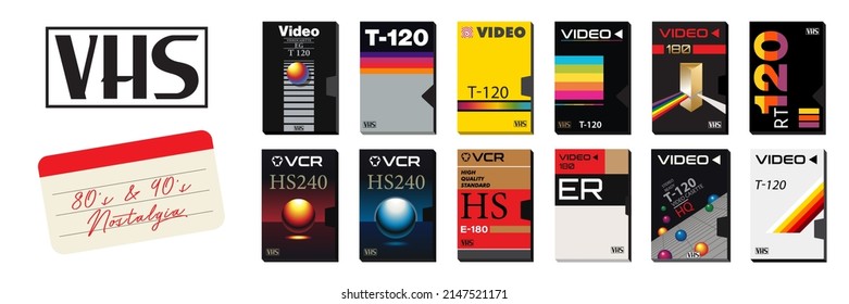 Collection Pack of Vintage VHS Covers for Blank Tapes. Retro technology from 80's and 90's. Templates and layouts for old school graphic projects 