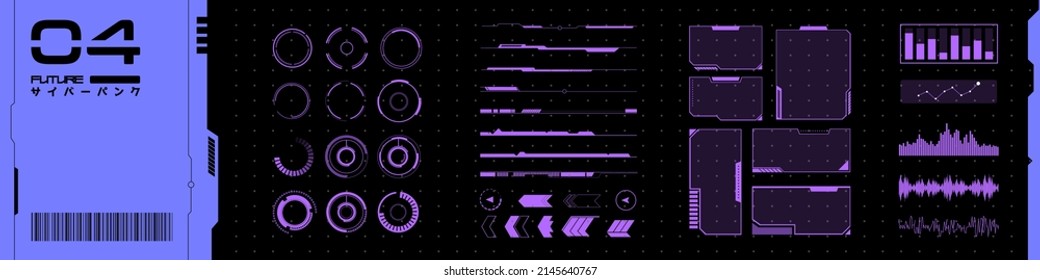 Kollektionspaket mit VR-HUD-Elementen. Set von Interfaceobjekten im Cyberpunk-Stil. Futuristisches Design für Ihre Anwendung, Software, Framework. Zukünftige Vektorobjekte aus dem Jahr 2077.