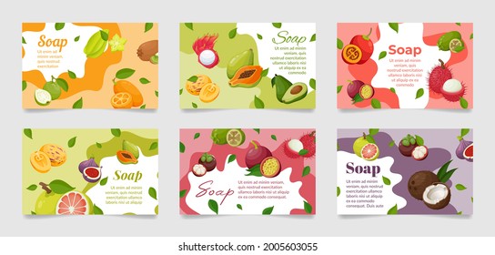Kollektion von Paket horizontalen Etiketten Seife Vektorgrafik flach. Set aus rechteckigem, verpacktem Papierdeckel einzeln auf Weiß. Verpackungsvorlage mit exotischen tropischen Früchten und Platz für Text