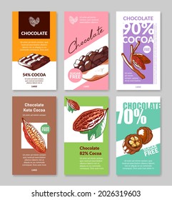 Collection of package label chocolate design vector flat illustration. Set of sweet bars engraved vintage template. Food dessert pack with place for text. Sugar free, cocoa, keto healthy meal