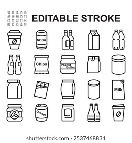 Coleção de ícones de alimentos e bebidas embalados. Vetor de linha fina. Contém ícones como bebidas engarrafadas, batatas fritas, leite engarrafado e muito mais.