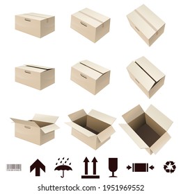 Collection of packaging carton in different closed and open angles with logistics symbol selection