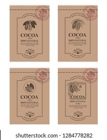 collection of packaging with cocoa beans, branch and leaves