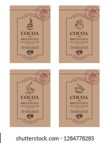 collection of packaging with cocoa beans, branch and leaves