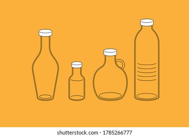 Collection of packaging for dairy products, plastic and glass bottles for milk, juice and water isolated on yellow background. Vector illustration.