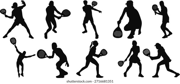 Una colección de Ilustraciones vectoriales de silueta de jugador de pádel. Siluetas negras sobre un fondo blanco mostrando varias poses de jugadores de pádel. Ideal para Elementos de pádel.